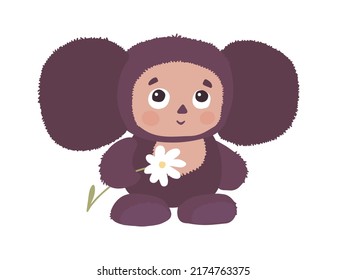 Carácter de juguete lindo con flor de margarita en las manos. Cheburashka. Juguete relleno aislado en blanco. Vector