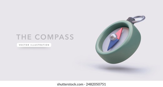 Cute toy compass in 3d realistic style isolated on light background. Vector illustration