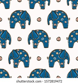 Cute Toy Elephant Clipart Vector Seamless Pattern. Kids Safari Animal with Fun Playful Background. Hand Drawn Gender Neutral Baby, Nursery Decor. Kawaii Wildlife Zoo Allover Print. Vector Eps 10
