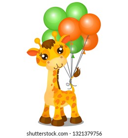 Cute toy giraffe and inflatable colorful balls tied to the tail isolated on white background. Vector cartoon close-up illustration.