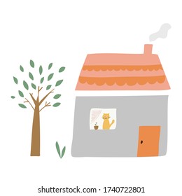 Cute toy home, Cat, tree  children's poster.  vector trend illustration.