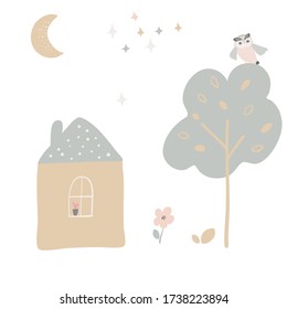 Cute toy home, Owl, tree, stars and moon . children's poster. for printing on fabric, clothes, design of a children's room, children’s games and books. vector trend illustration.