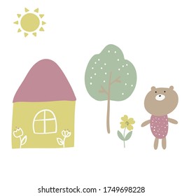 Cute toy home,Teddy Bear, tree, Sun . children's poster. for printing on fabric, clothes, design of a children's room, children’s games and books. vector trend illustration.