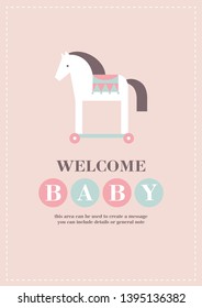 Cute toy horse on wheels baby shower card. Vector illustration.