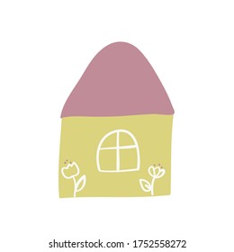 Cute toy house with flower. children's poster. for printing on fabric, clothes, design of a children's room, children’s games and books. vector trend illustration.
