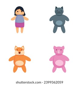 Cute toy icons set cartoon vector. Plush cat, pig, doll and fox. Baby toy, cartoon character