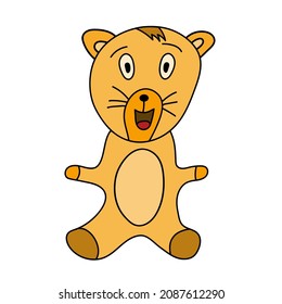 Cute toy lion for kids. Doodle vector illustration isolated. Smiling animal lion character greeting.