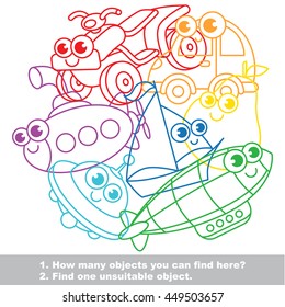 Cute toy machines mishmash set in vector outlined to be colored. Find all hidden objects on the picture. Easy educational kid game. Simple level of difficulty. Visual game for children.