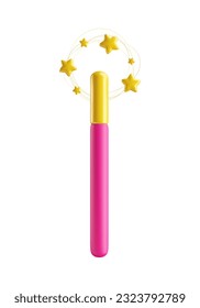 Cute toy magical stick with golden stars and sparkles flying around it. Magic wand 3d realistic style. Magician, wizard, fairy, princess accessory vector