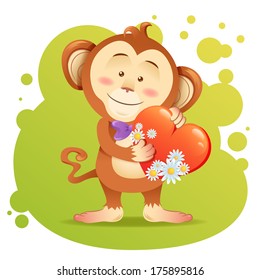Cute toy Monkey pet isolated holding heart in paws with love