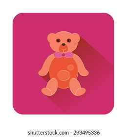 Cute toy orange teddy bear icon with long shadow on violet background