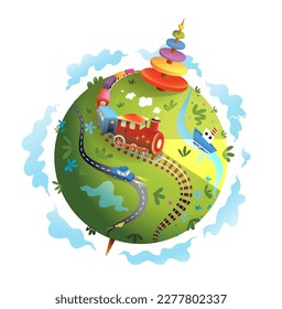 Cute Toy Planet for Kids clip art. Childish planetarium, fantasy playground with train on planet earth with clouds. Fantastic playful colorful earth for kids with toys. Isolated vector graphics.