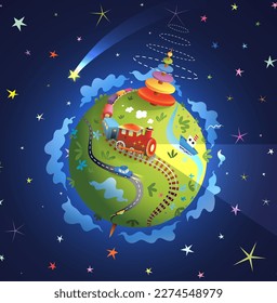 Cute Toy Planet for Kids in Cosmos with Stars. Childish planetarium, fantasy playground with train in outer space. Fantastic playful colorful earth for kids with toys. Vector baby universe wallpaper.