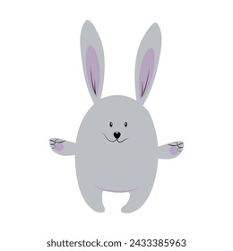 Lindo conejo de juguete. Conejito gris. Tarjeta de primavera festiva, banner. Personaje feliz de Pascua. Dibujado a mano ilustración vectorial en estilo plano de dibujos animados.