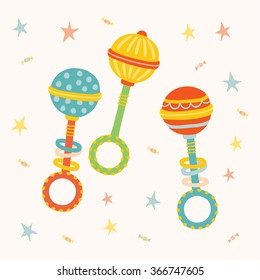 Cute toy rattle set. Kids First Toys. Baby shower design element. Cartoon vector hand drawn eps 10 illustration isolated on white background.