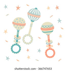 Cute toy rattle set. Kids First Toys. Baby shower design element. Cartoon vector hand drawn eps 10 illustration isolated on white background.