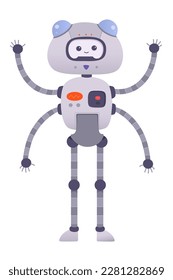 Cute toy robot with many robotic arms vector illustration. Cartoon isolated happy machine character standing with eyes and smile on friendly funny face, robot for help and industry automation