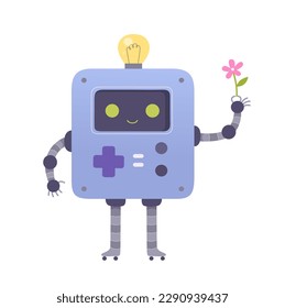 Cute toy robot vector illustration. Cartoon isolated square happy machine character holding flower in robotic arm, futuristic cheerful smart bot with eyes and smile, light bulbs on robots head