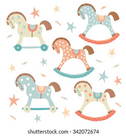 Cute toy rocking horse set.  Kids First Toys. Baby shower design element. Cartoon vector hand drawn eps 10 illustration isolated on white background.