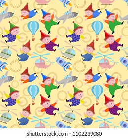 Cute toy seamless pattern on yellow background.