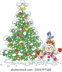 Cute toy snowman with a small bird and a snow-covered green Christmas tree on a snowy winter day, vector cartoon illustration on a white background
