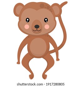 A cute toy spider monkey of light brown color with ruddy pink cheeks on a white background. An adored African animal. For sticker, nursery decor, printing on clothes. Vector.