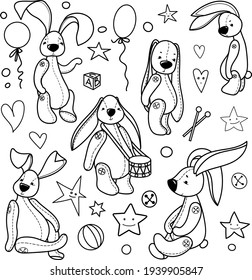 Cute toy teddy bunnies surrounded by stars, hearts and children's toys. Vector ink set isolated on white background.