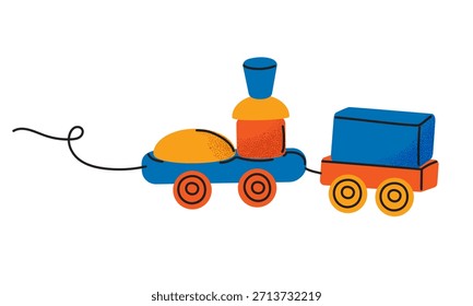 Linda ilustración de tren de juguete. Diseño sencillo, lúdico y moderno. Para productos infantiles, decoración infantil, embalaje y materiales educativos.