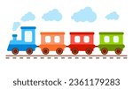 Cute toy train locomotive for kid, engine, wagon, wheels and railway for child. Flat vector illustration for holiday, birthday and shop. Transport children game.