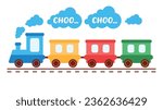 Cute toy train locomotive for kid, engine, wagon, wheels and railway for child. Flat vector illustration for holiday, birthday and shop. Transport children game.