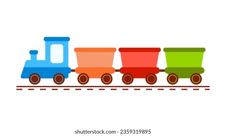 Cute toy train locomotive for kid, engine, wagon, wheels and railway for child. Flat vector illustration for holiday, birthday and shop. Transport children game.