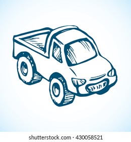 Cute toy transfer sedan isolated on white background. Freehand outline ink hand drawn picture sketchy in retro scribble style pen on paper. Closeup view with space for text