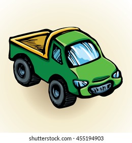 Cute toy transfer sedan isolated on white background. Freehand vibrant color hand drawn picture sketchy in retro scribble style. Closeup side view with space for text