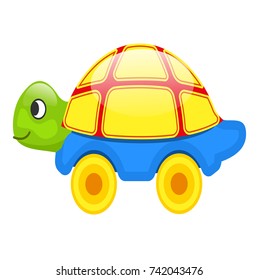 Cute toy turtle with yellow shell, blue bottom and green head on wheels isolated vector illustration on white background.
