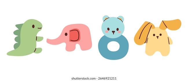 Cute toys for kids set concept. Entertainment and recreation. Inventory for children and playroom. Cartoon flat vector collection isolated on white background. Hand drawn flat illustration .
