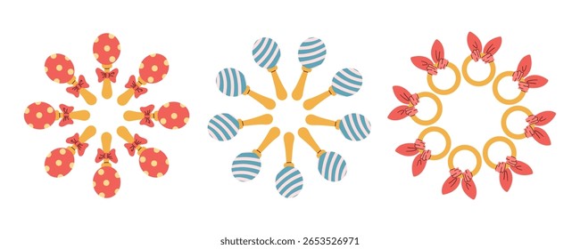 Cute toys for kids set concept. Entertainment and recreation. Inventory for children and playroom. Cartoon flat vector wreath isolated on white background. Hand drawn flat illustration .