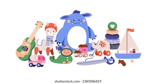 Cute toys for play and fun. Nursery and kindergarten items composition. Funny games, dinosaur, pyramid stacking, guitar, ship for baby. Kids flat vector illustration isolated on white background.