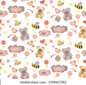 Cute toys teddy bear and bees seamless vector pattern. Drawn animal characters to illustrate and print children's wallpapers or fabrics.