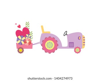 Cute Tractor with Cart Full of Flowers, Colorful Agricultural Farm Transport Vector Illustration
