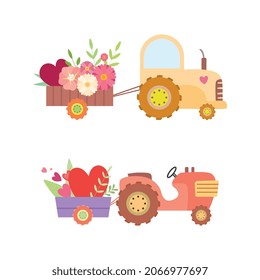 Cute Tractor with Cart Full of Flowers and Hearts Vector Set