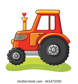 Cute tractor in a clearing. Tractor rides on the field on a white background. Vector illustration in cartoon style.