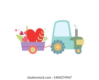 Cute Tractor with Hearts and Flowers, Agricultural Farm Transport with Cart Vector Illustration