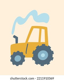 Cute tractor icon. Yellow vehicle, transport. Sticker for social networks and messengers. Education and learning, development of childrens skills, part of map pattern. Cartoon flat vector illustration