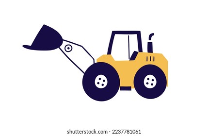 Cute tractor with ladle, dipper. Construction vehicle toy in Scandinavian style. Childish transport with scoop, machine, equipment. Kids Scandi flat vector illustration isolated on white background