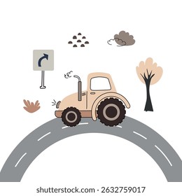 Cute tractor in pastel colors and flat style isolated on white background. Poster for boys with retro tractor. Vector illustration