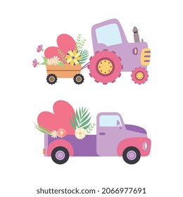 Cute Tractor and Van with Cart Full of Flowers and Hearts Vector Set