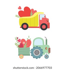 Cute Tractor and Van with Cart Full of Flowers and Hearts Vector Set