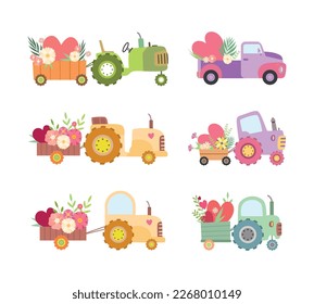 Cute Tractor and Van with Cart Full of Flowers and Hearts Vector Set