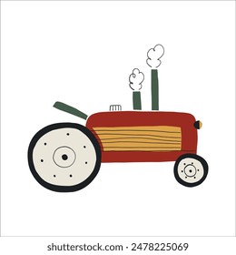 Cute tractor vector illustration. Hand drawn agrimotor clipart. For thematic designs, stickers, childish patterns. Village, agriculture illustration isolated on white background