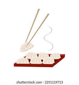 Cute traditional Chinese dumplings with sticks. Chinese New Year, Spring and Lantern Festival. Red and gold vector illustration with in cartoon doodle style.